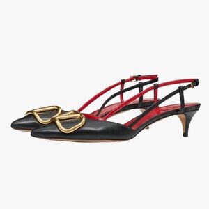 Luxurious Black and Red Slingback Kitten Heels with Gold Hardware - NEW